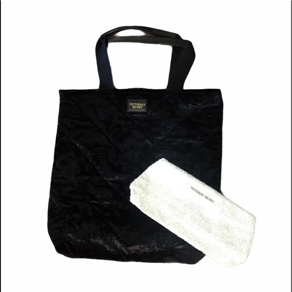 NWOT Victoria Secret 2 bag bundle black velvet tote & white sequins clutch